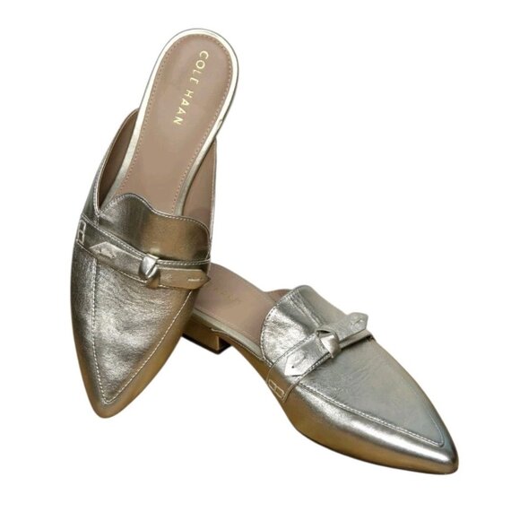 Cole Haan Womens Size 8B Piper Bow Mules Gold Metallic Pointed Toe Minimalist - Picture 1 of 7